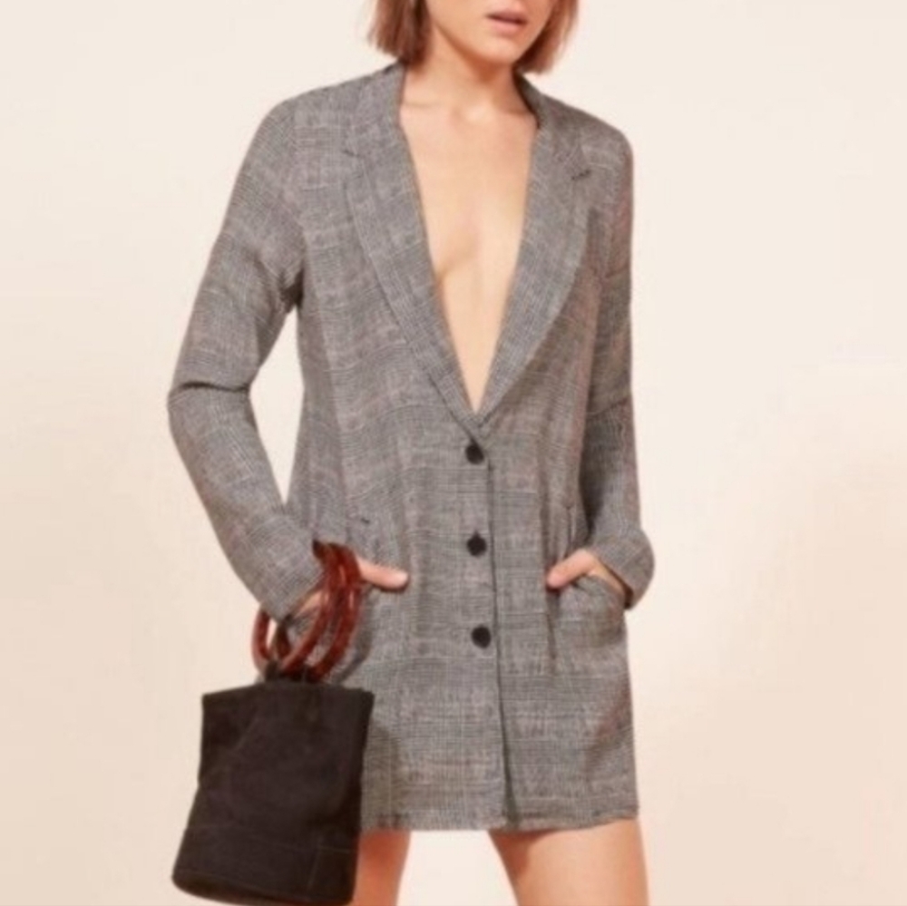 Reformation Graphite Plaid Lightweight Blazer Jacket Dress